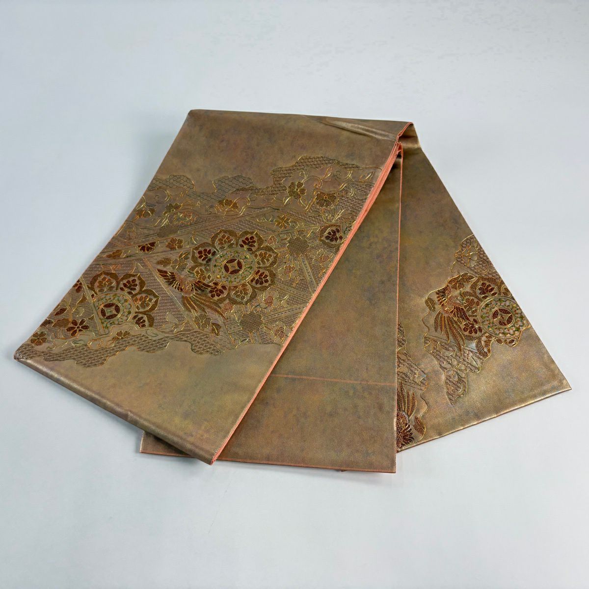 【美品】 袋帶 名品級 關西仕立 華紋 鳳凰 金金箔 刺繡 淺茶 純蠶絲 お太鼓柄
