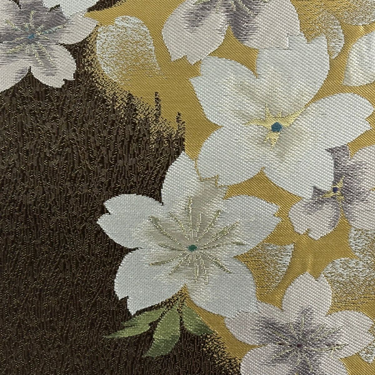 【美品】 袋帶 名品級 樱花 金金箔 金絲 茶 六通 純蠶絲