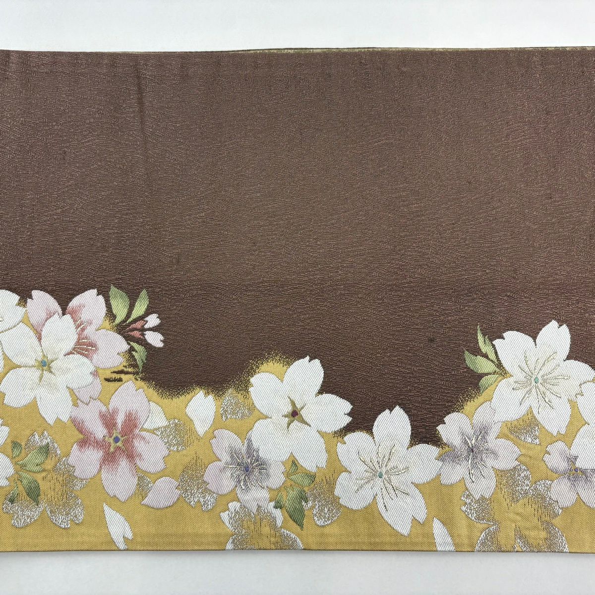 【美品】 袋帶 名品級 樱花 金金箔 金絲 茶 六通 純蠶絲