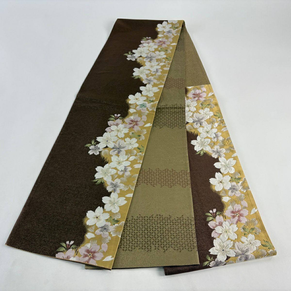 【美品】 袋帶 名品級 樱花 金金箔 金絲 茶 六通 純蠶絲