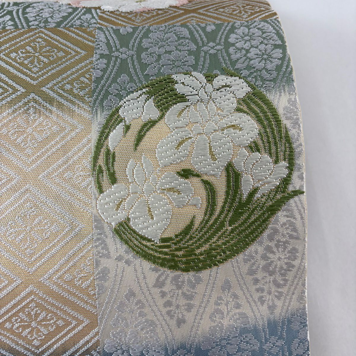 袋帶 名品級 花丸紋 菱 金絲 金金箔 米色 六通 純蠶絲