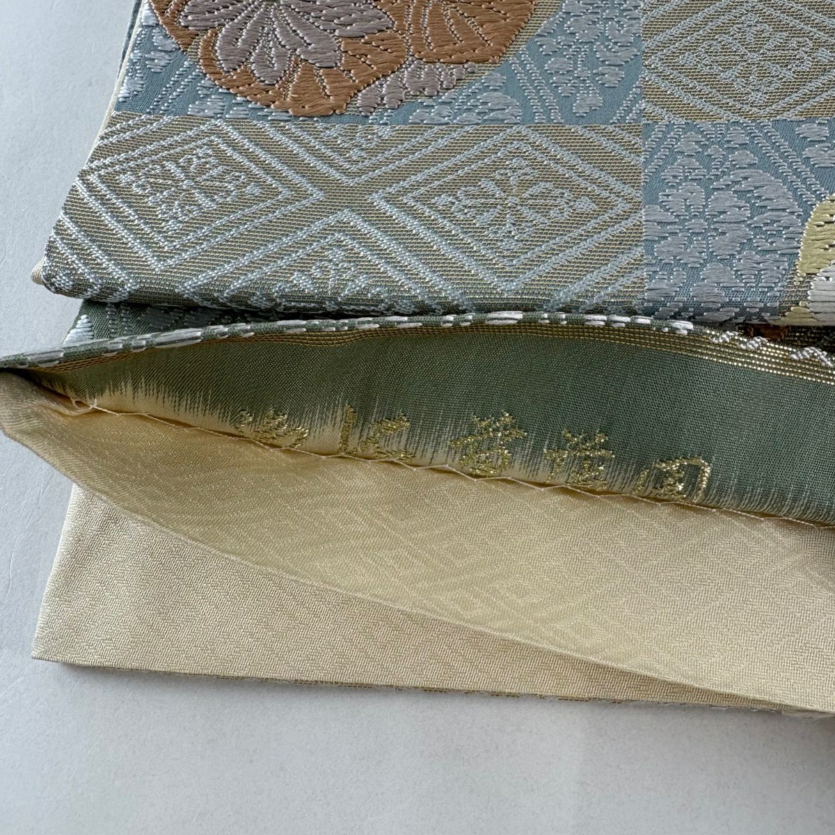 袋帶 名品級 花丸紋 菱 金絲 金金箔 米色 六通 純蠶絲
