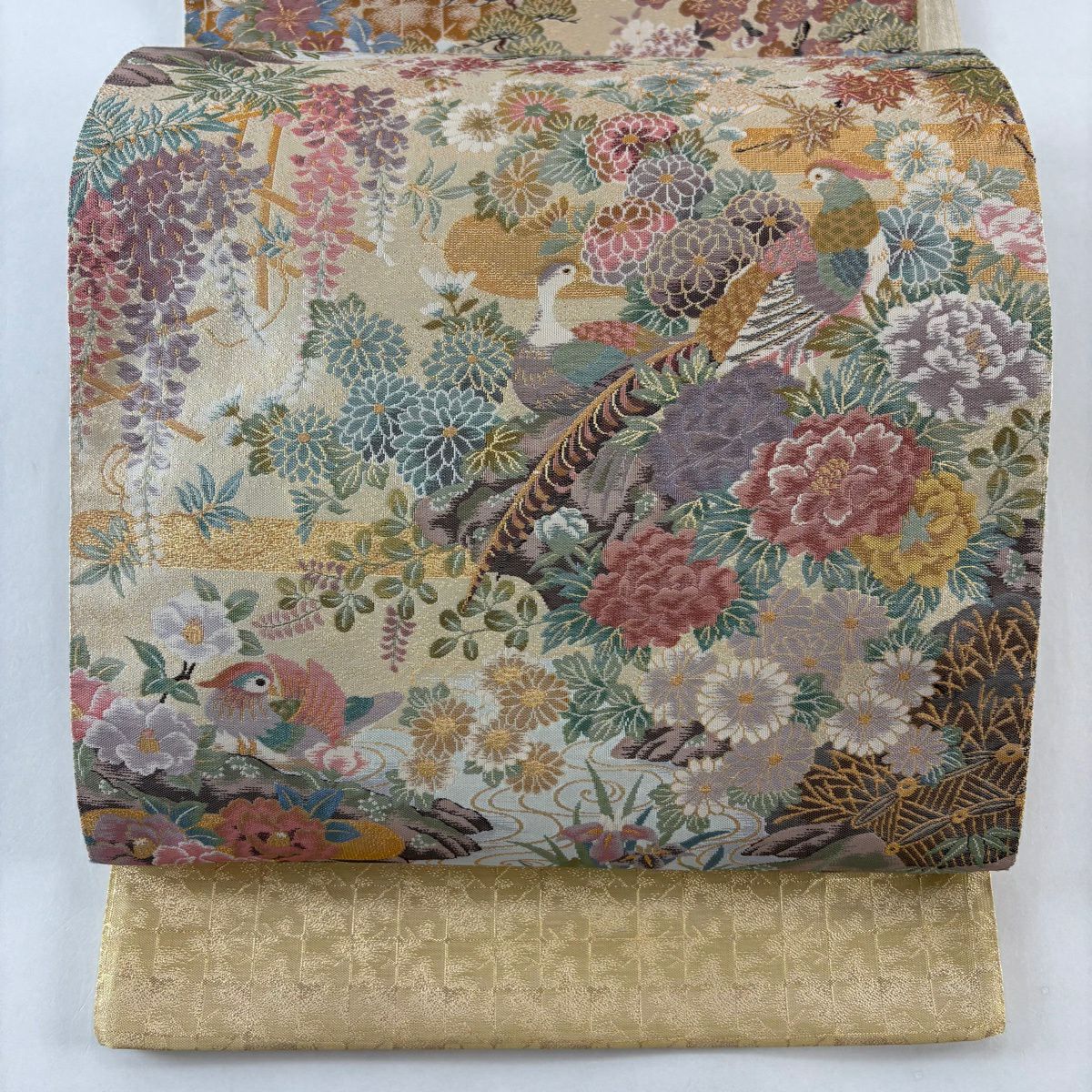 【美品】 袋帶 名品級 證書附帶 草花紋紋 鳥 金金箔 金色 六通 純蠶絲