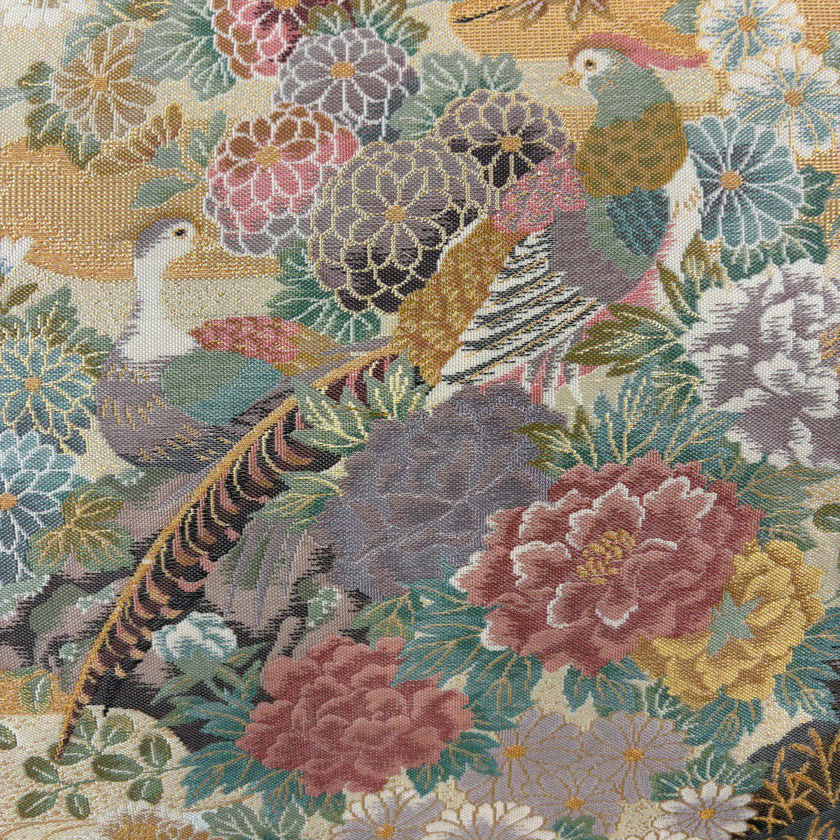 【美品】 袋帶 名品級 證書附帶 草花紋紋 鳥 金金箔 金色 六通 純蠶絲