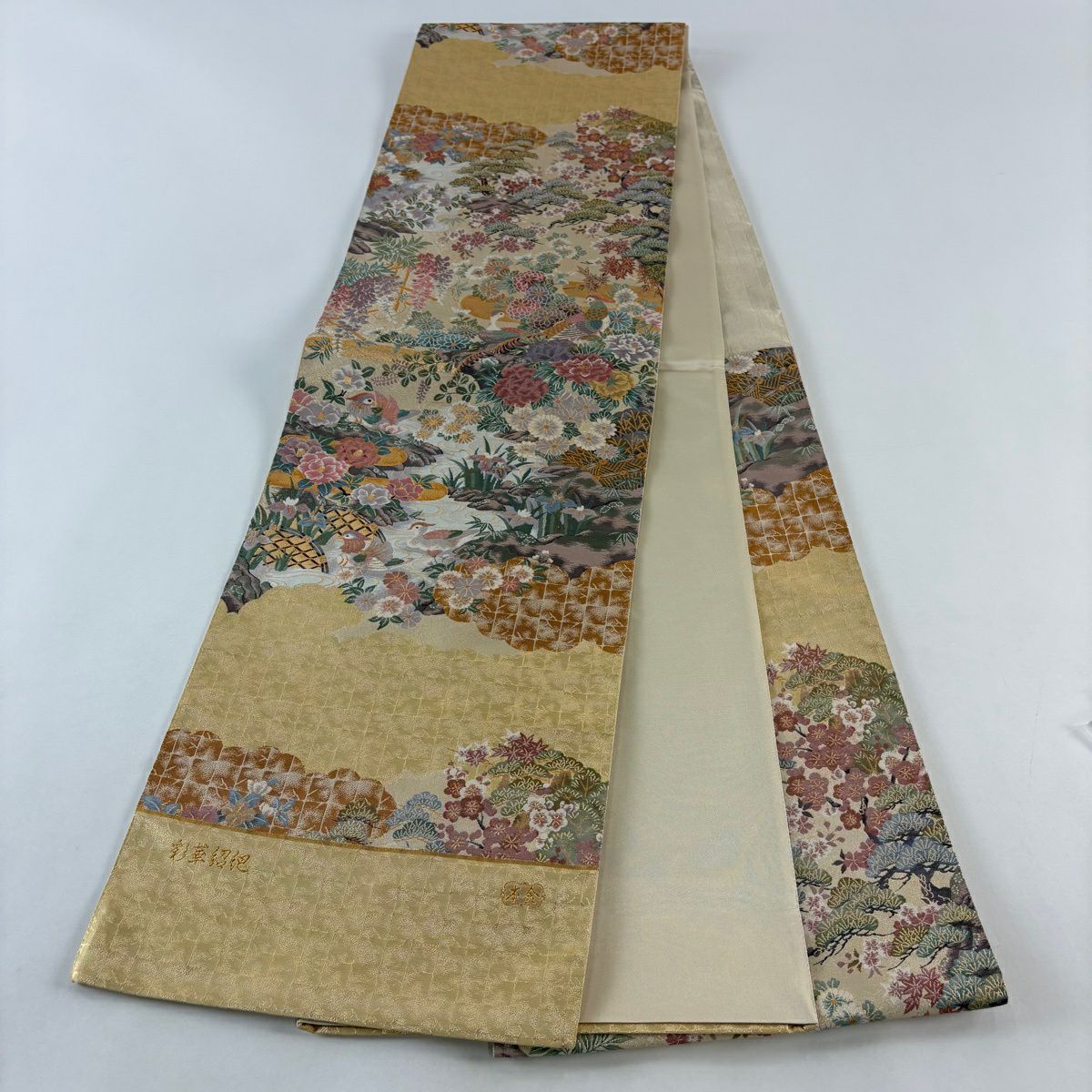 【美品】 袋帶 名品級 證書附帶 草花紋紋 鳥 金金箔 金色 六通 純蠶絲