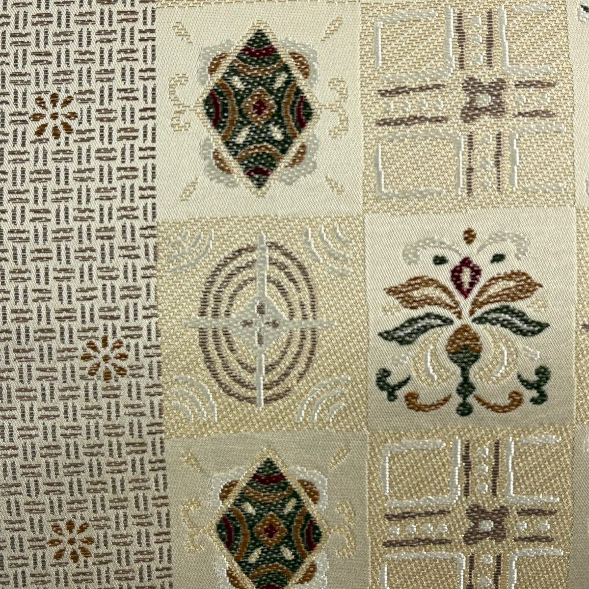 【美品】 名古屋帶 名品級 市松樹 草花紋 金糸 米色 純蠶絲