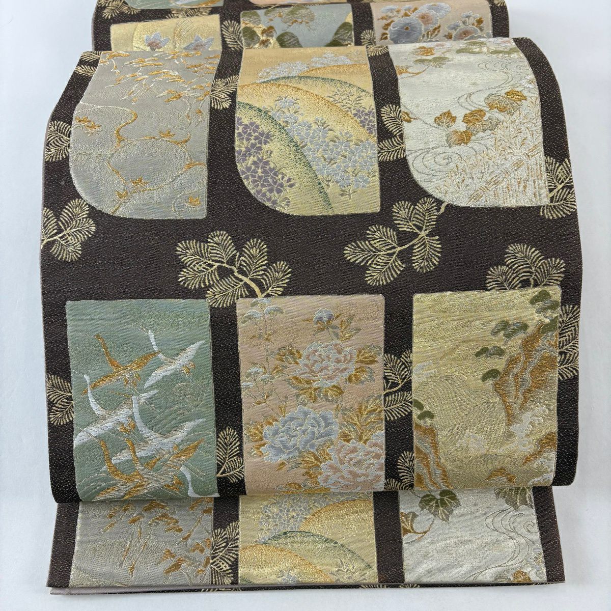 【美品】 袋帶 名品級 松樹 仙鶴 金銀彩 金金箔 茶 六通 純蠶絲