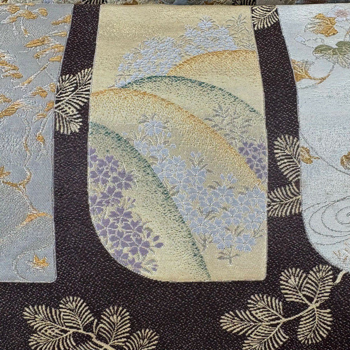 【美品】 袋帶 名品級 松樹 仙鶴 金銀彩 金金箔 茶 六通 純蠶絲