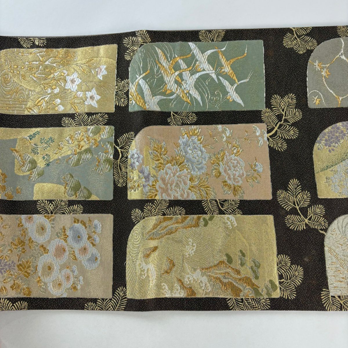 【美品】 袋帶 名品級 松樹 仙鶴 金銀彩 金金箔 茶 六通 純蠶絲