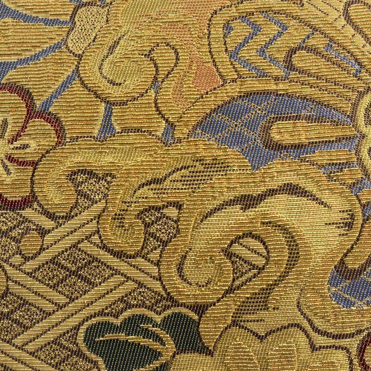 【美品】 袋帶 名品級 花 波頭 輪奈織 黃土 純蠶絲
