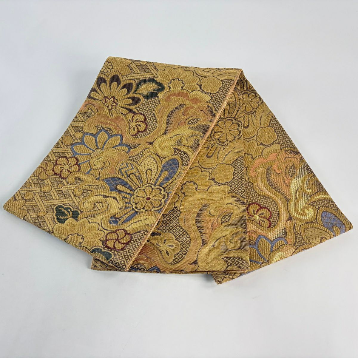【美品】 袋帶 名品級 花 波頭 輪奈織 黃土 純蠶絲