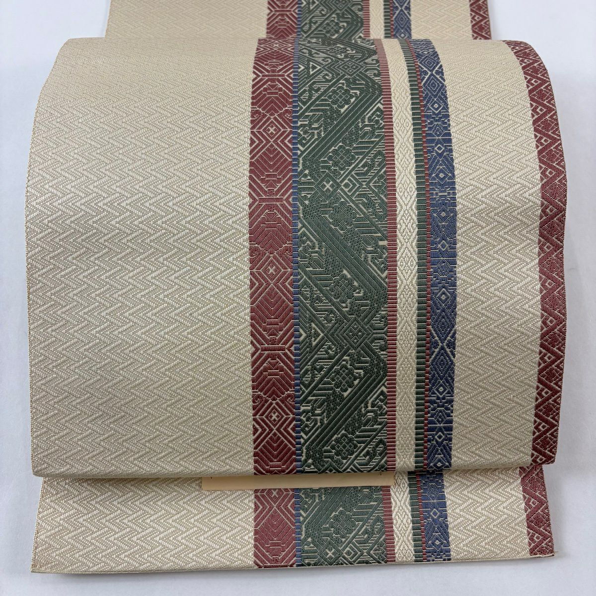 【美品】 名古屋帶 名品級 八寸名古屋帶 松樹葉仕立 雜紋 幾何圖案 米色 純蠶絲