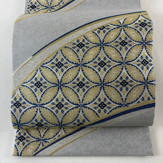 【美品】 袋帶 名品級 七寶花菱 金絲 金金箔 灰色 六通 純蠶絲