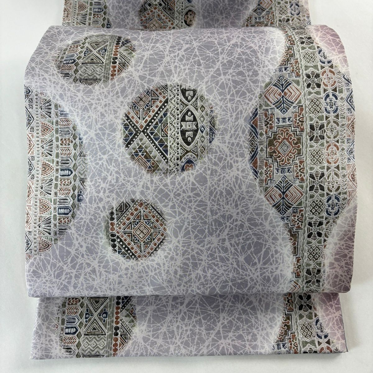 【美品】 袋帶 名品級 紬織織 圓形 幾何圖案 淺紫 全通 純蠶絲