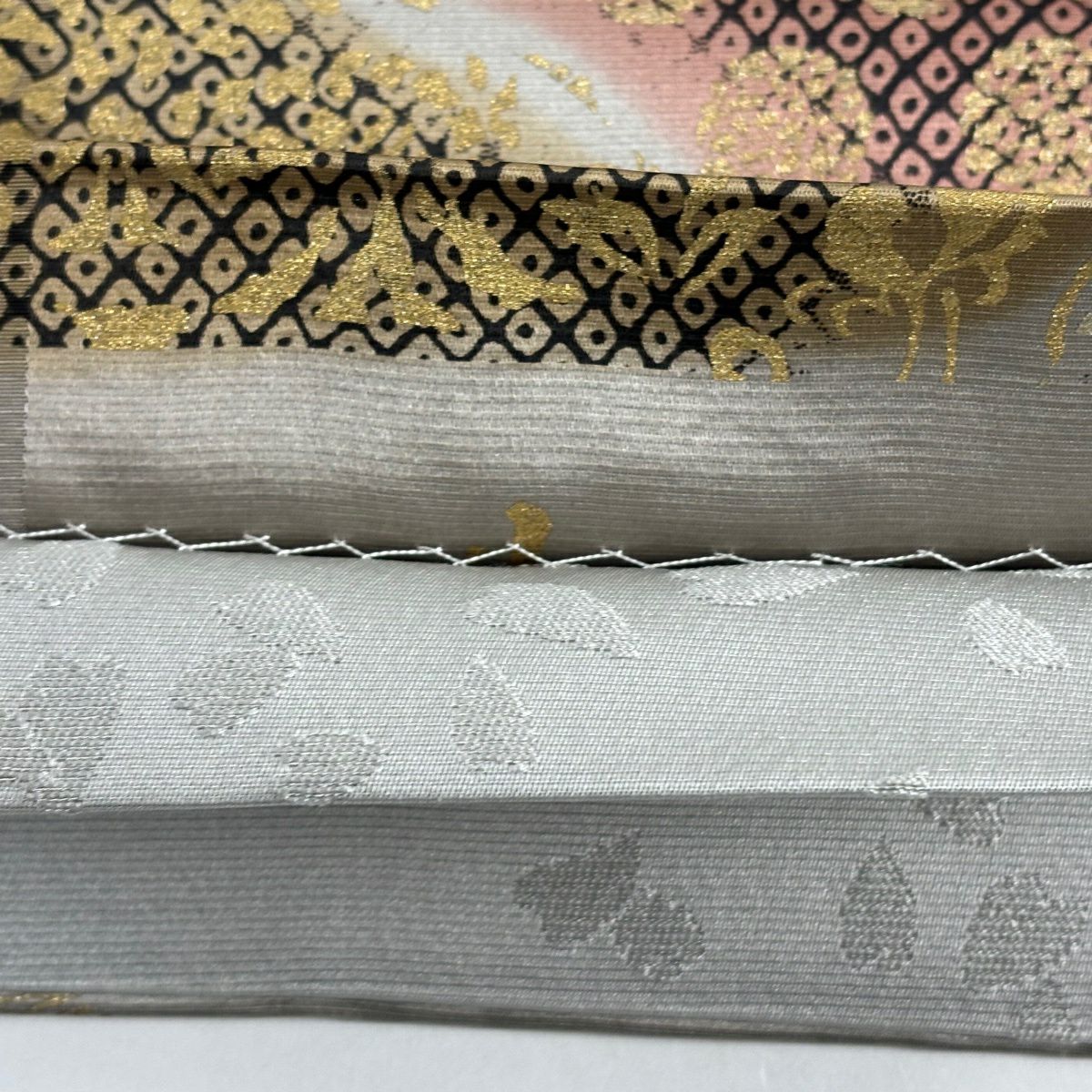 【美品】 袋帶 名品級 向鳥 草花紋 金銀彩 灰茶 全通 純蠶絲