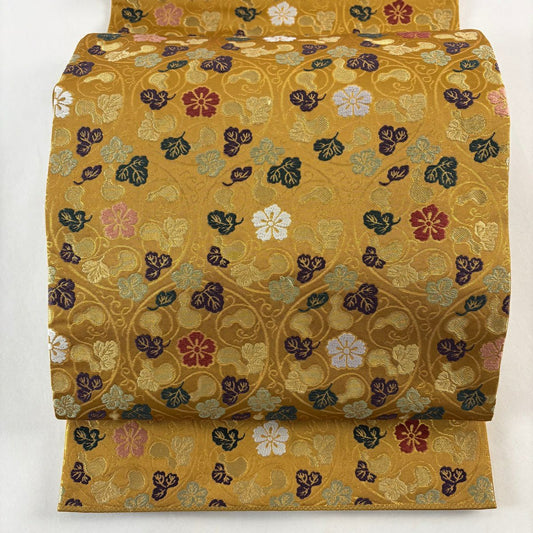 【美品】 袋帶 名品級 六瓢唐草紋紋 金絲 金金箔 山吹茶 深藍 六通 純蠶絲