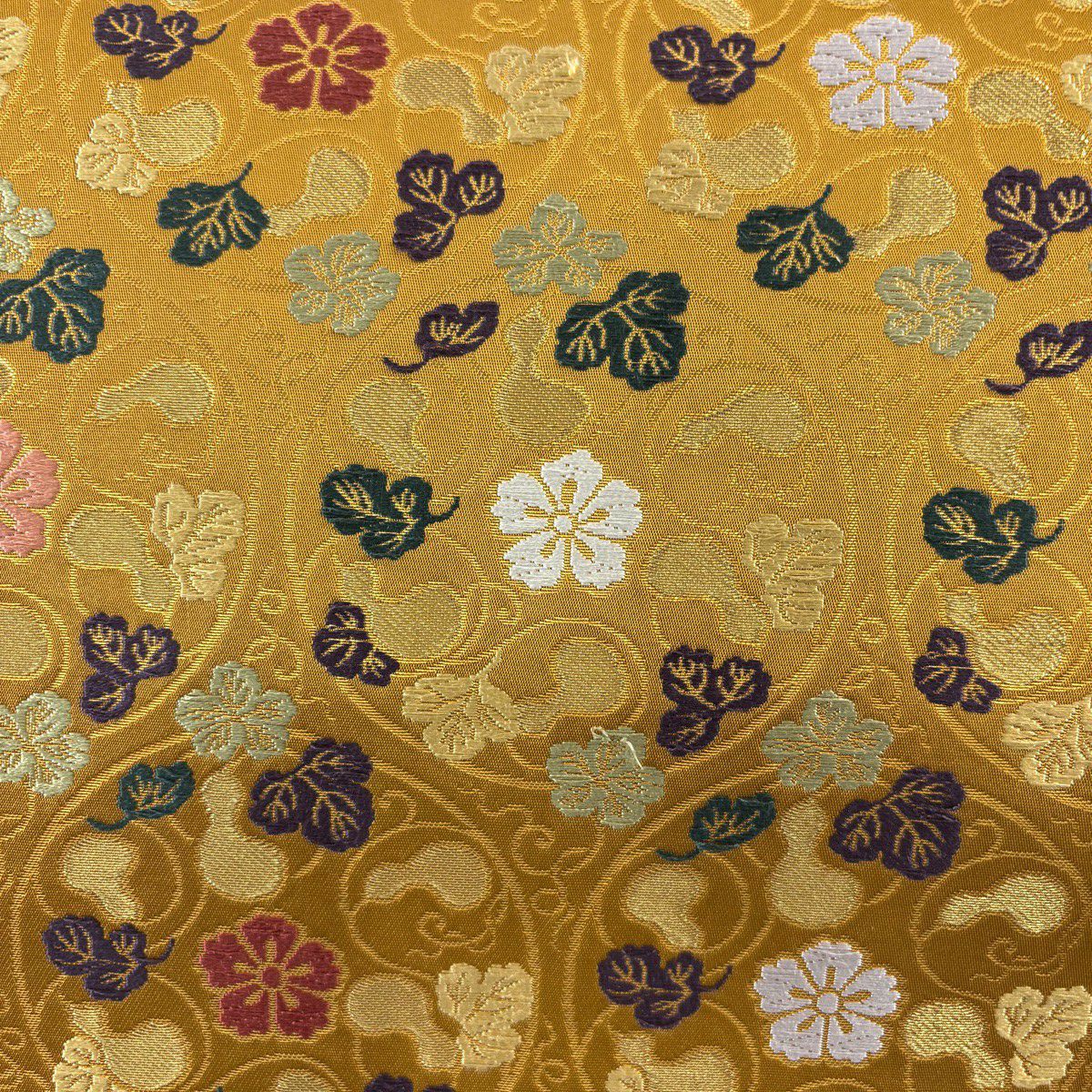 【美品】 袋帶 名品級 六瓢唐草紋紋 金絲 金金箔 山吹茶 深藍 六通 純蠶絲