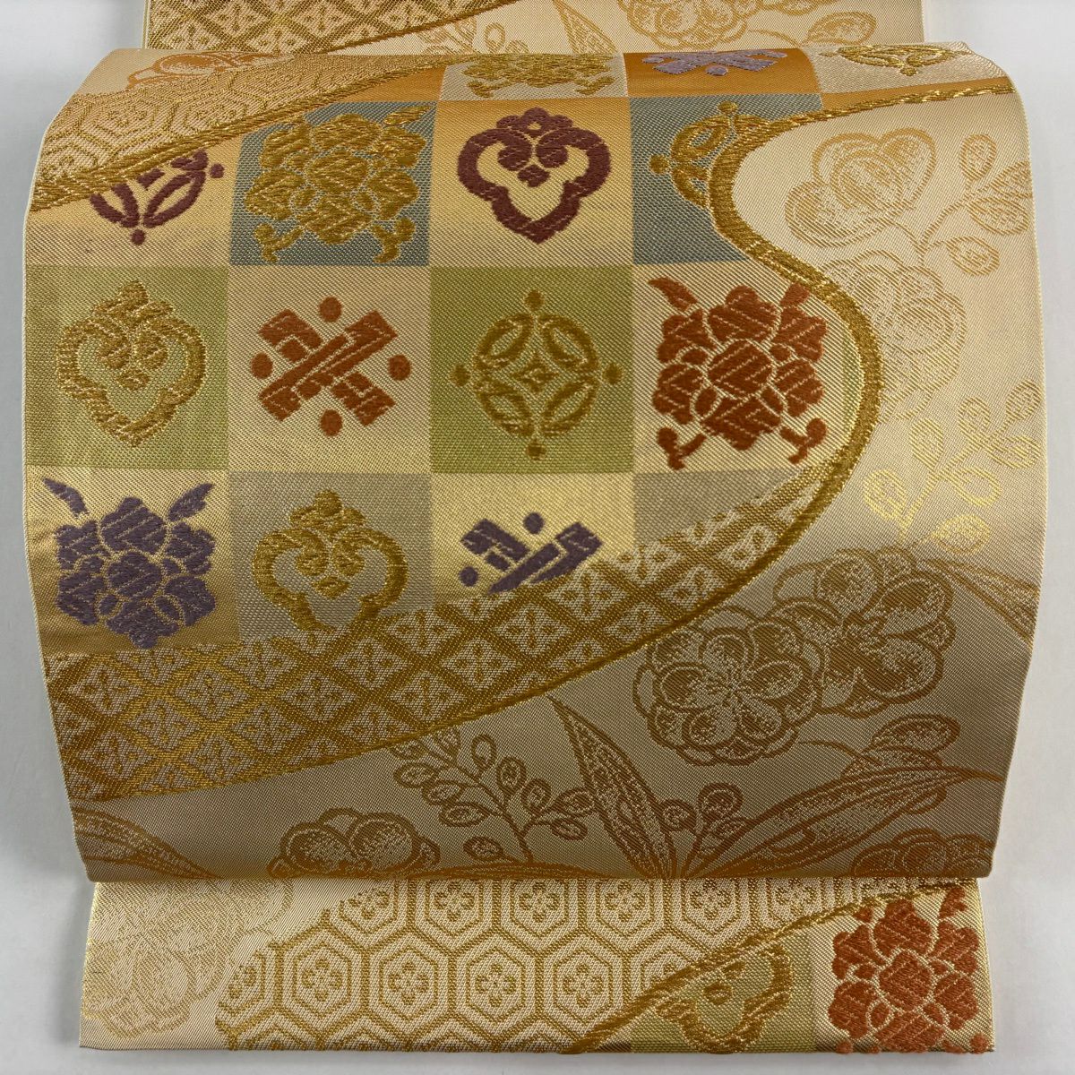 袋帶 名品級 川島織物 落款 市松樹 草花紋 金絲 金金箔 金色 六通 純蠶絲