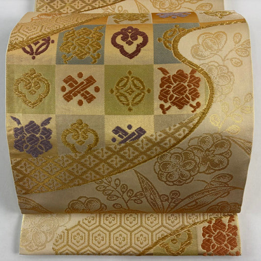 袋帶 名品級 川島織物 落款 市松樹 草花紋 金絲 金金箔 金色 六通 純蠶絲