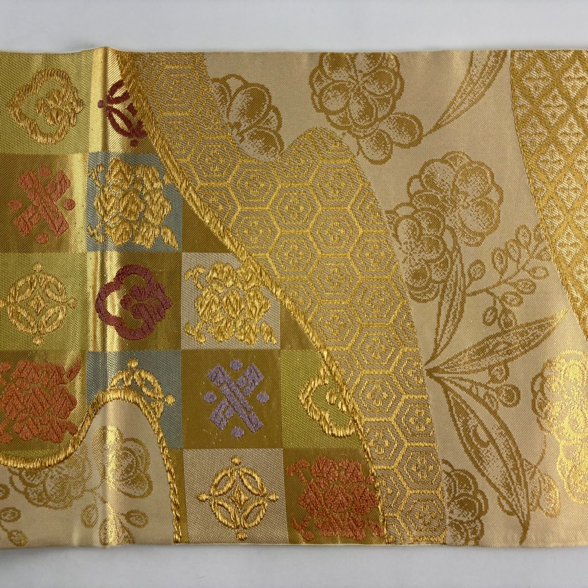 袋帶 名品級 川島織物 落款 市松樹 草花紋 金絲 金金箔 金色 六通 純蠶絲