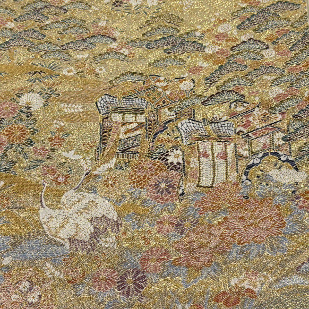 【美品】 袋帶 秀品級 御所車 松樹 金金箔 金色 六通 純蠶絲
