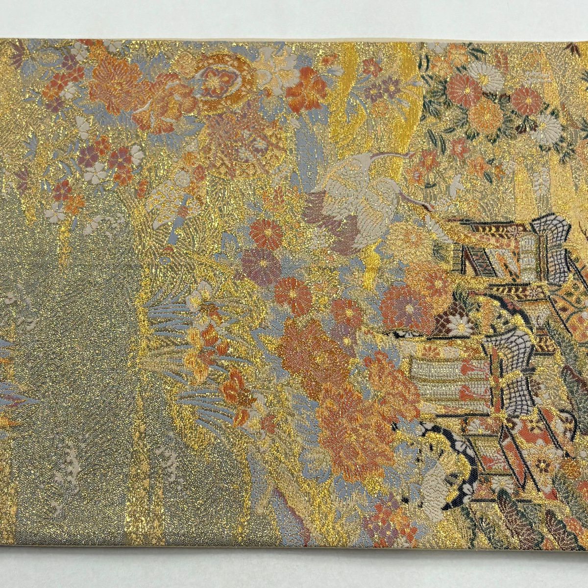 【美品】 袋帶 秀品級 御所車 松樹 金金箔 金色 六通 純蠶絲