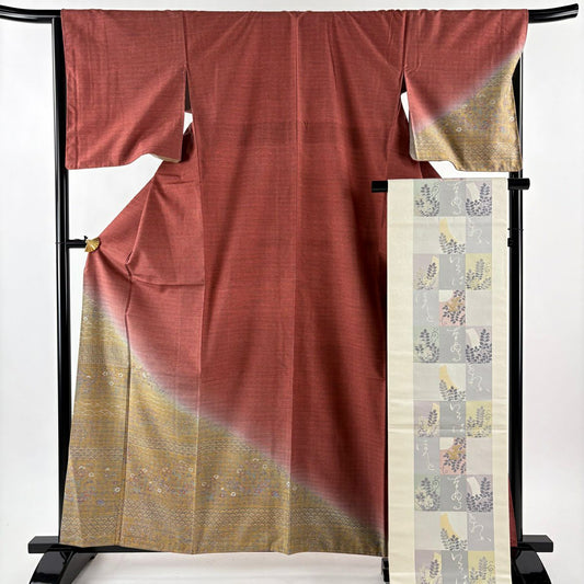 【美品】 付下 身長162.5cm 袖長66.5cm M 雙層 袋帶套裝 紬織織 草花紋紋 芝染 茜 純蠶絲 秀品級