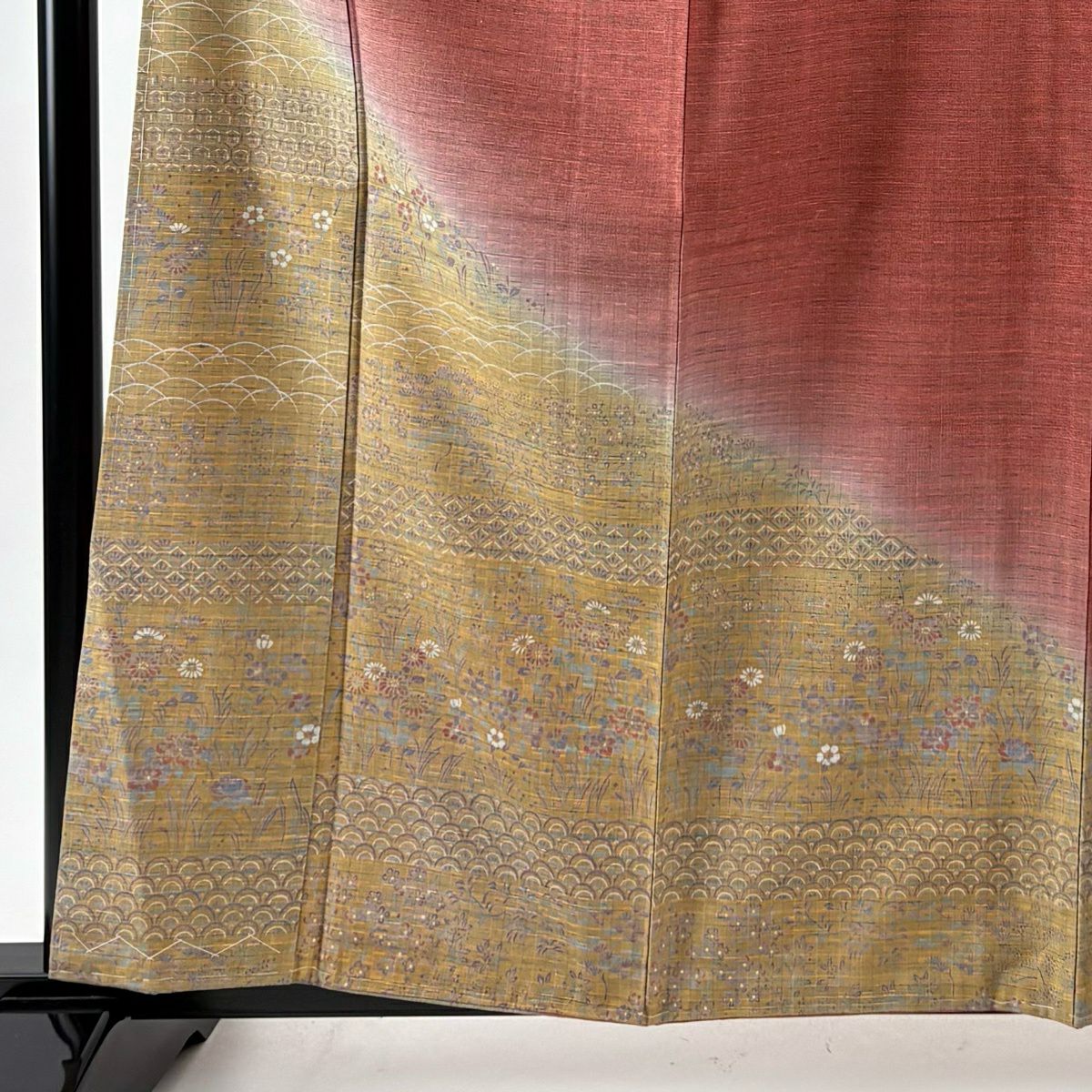 【美品】 付下 身長162.5cm 袖長66.5cm M 雙層 袋帶套裝 紬織織 草花紋紋 芝染 茜 純蠶絲 秀品級