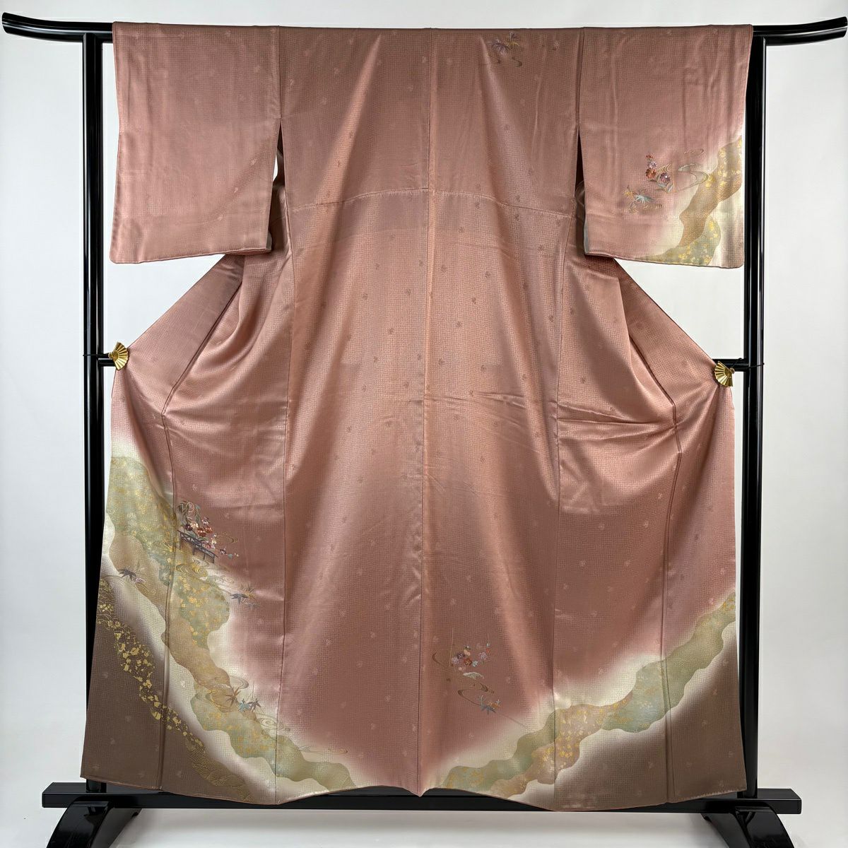 訪問服 身長158cm 袖長62.5cm S 雙層 草花紋紋 流水刺繡 金銀彩 粉米色 純蠶絲 優品級