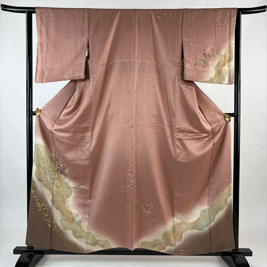 訪問服 身長158cm 袖長62.5cm S 雙層 草花紋紋 流水刺繡 金銀彩 粉米色 純蠶絲 優品級