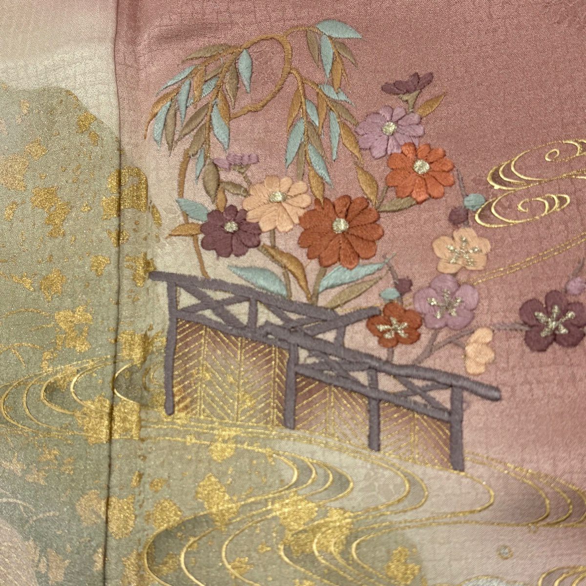 訪問服 身長158cm 袖長62.5cm S 雙層 草花紋紋 流水刺繡 金銀彩 粉米色 純蠶絲 優品級
