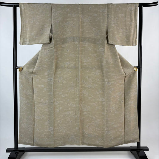 【美品】 小紋 身長154.5cm 袖長61.5cm S 雙層 草花紋紋 松樹葉 絞織 灰綠 純蠶絲 優品級