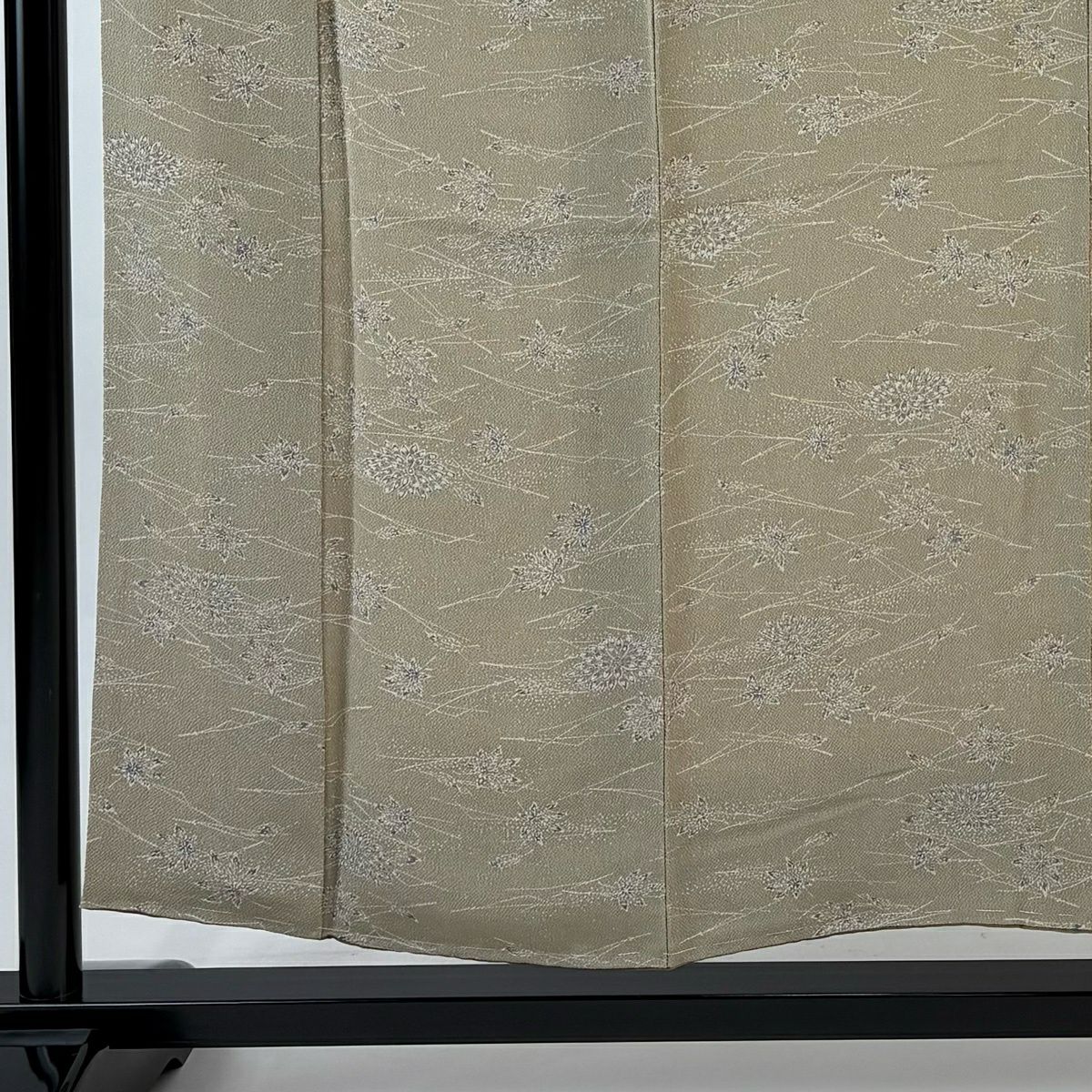 【美品】 小紋 身長154.5cm 袖長61.5cm S 雙層 草花紋紋 松樹葉 絞織 灰綠 純蠶絲 優品級