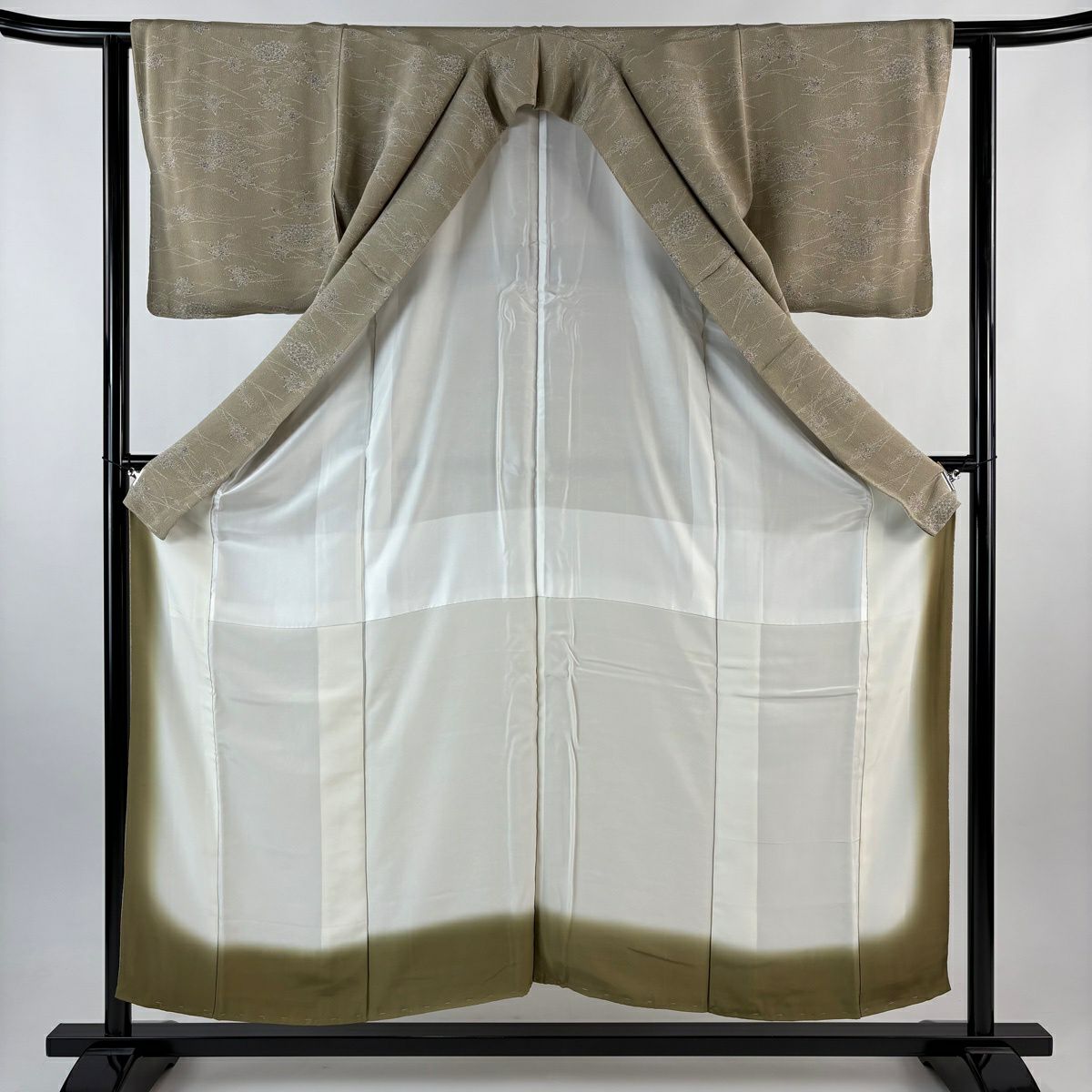 【美品】 小紋 身長154.5cm 袖長61.5cm S 雙層 草花紋紋 松樹葉 絞織 灰綠 純蠶絲 優品級