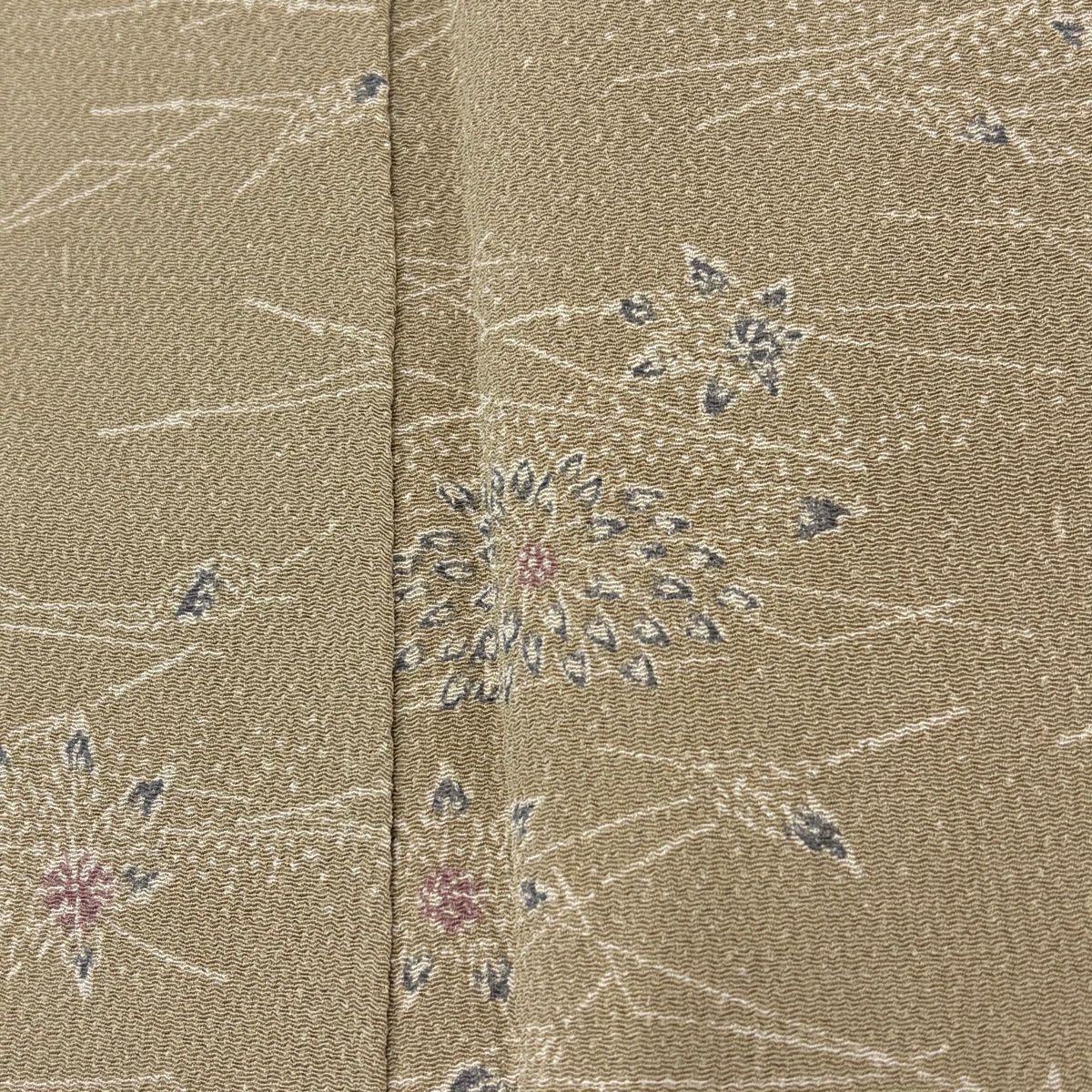 【美品】 小紋 身長154.5cm 袖長61.5cm S 雙層 草花紋紋 松樹葉 絞織 灰綠 純蠶絲 優品級