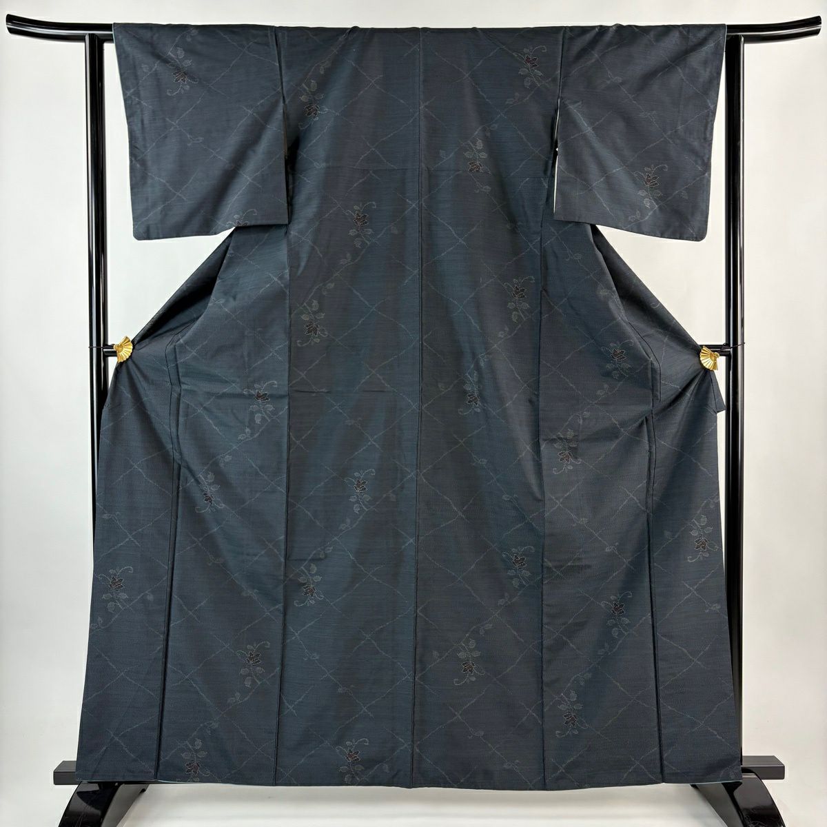 【美品】 紬織 身長163cm 袖長61.5cm S 雙層 大和 菱 草花紋 深藍 純蠶絲 優品級