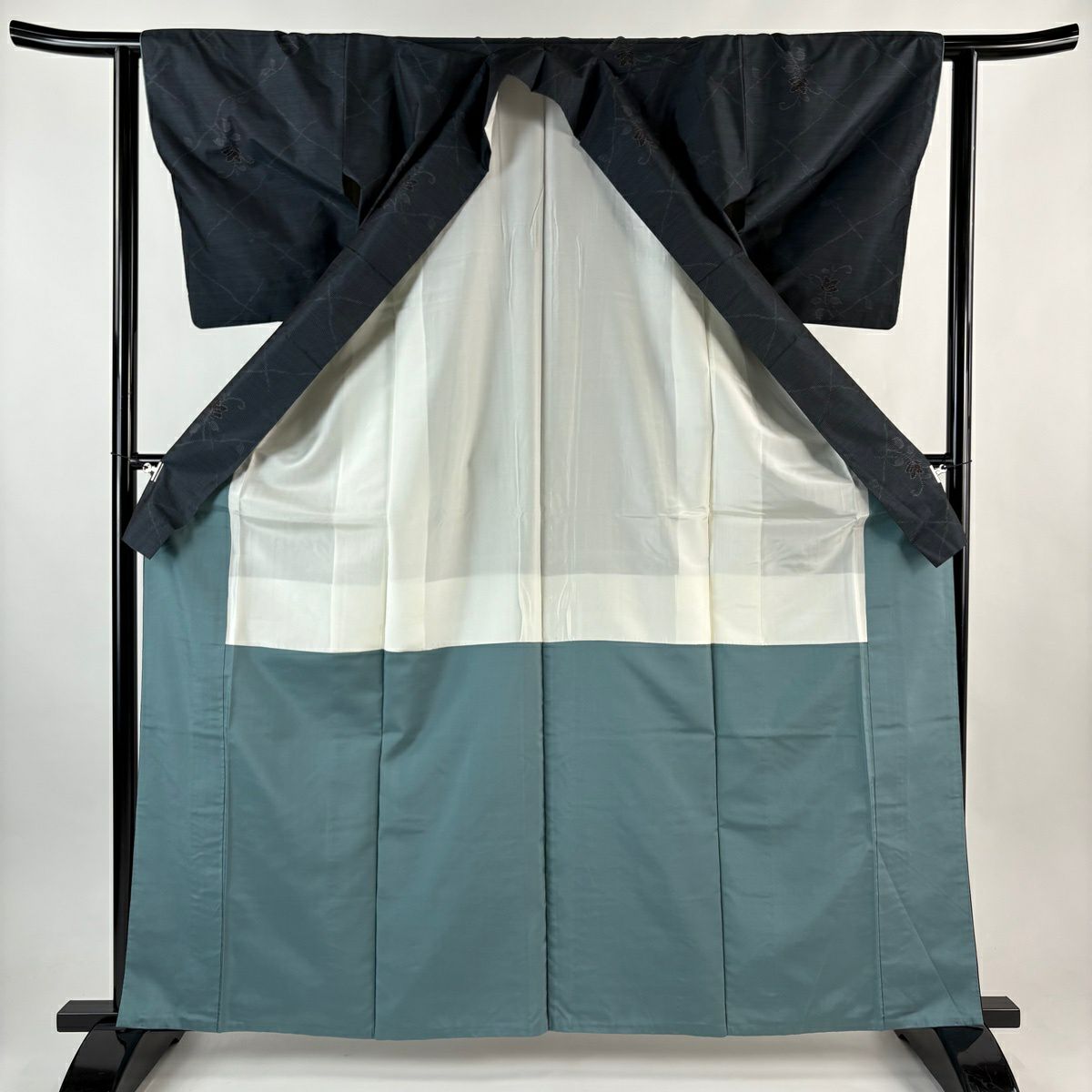 【美品】 紬織 身長163cm 袖長61.5cm S 雙層 大和 菱 草花紋 深藍 純蠶絲 優品級