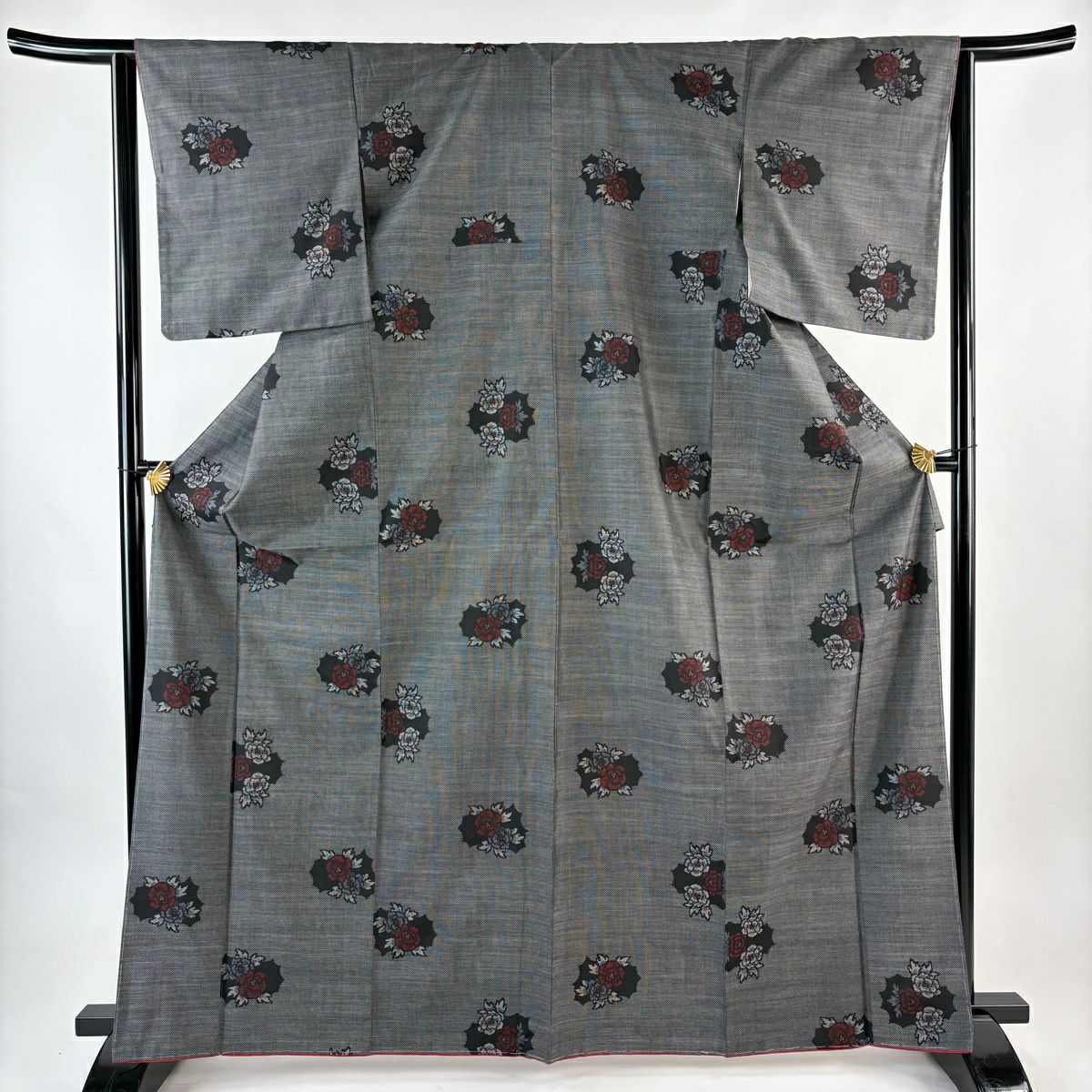 【美品】 紬織織 身長166.5cm 袖長63cm S 雙層 草花紋紋 黑灰 純蠶絲 優品級