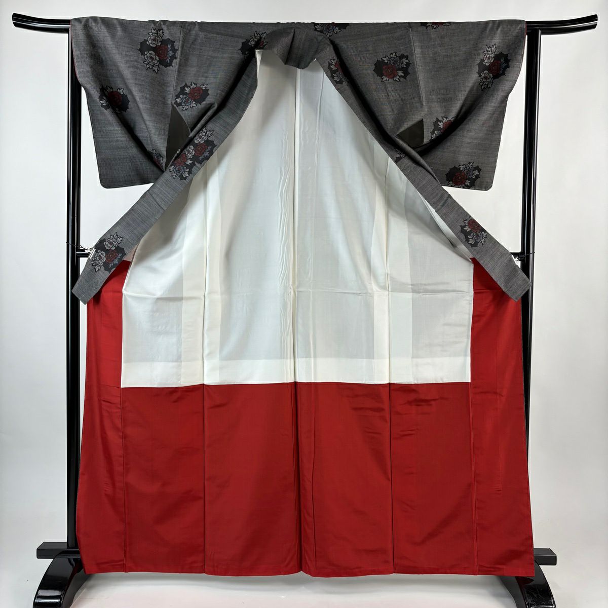 【美品】 紬織織 身長166.5cm 袖長63cm S 雙層 草花紋紋 黑灰 純蠶絲 優品級