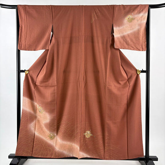 訪問服 身長158.5cm 袖長66cm M 雙層 松樹皮菱 巻物 金絲 金銀彩 紅茶 純蠶絲 優品級