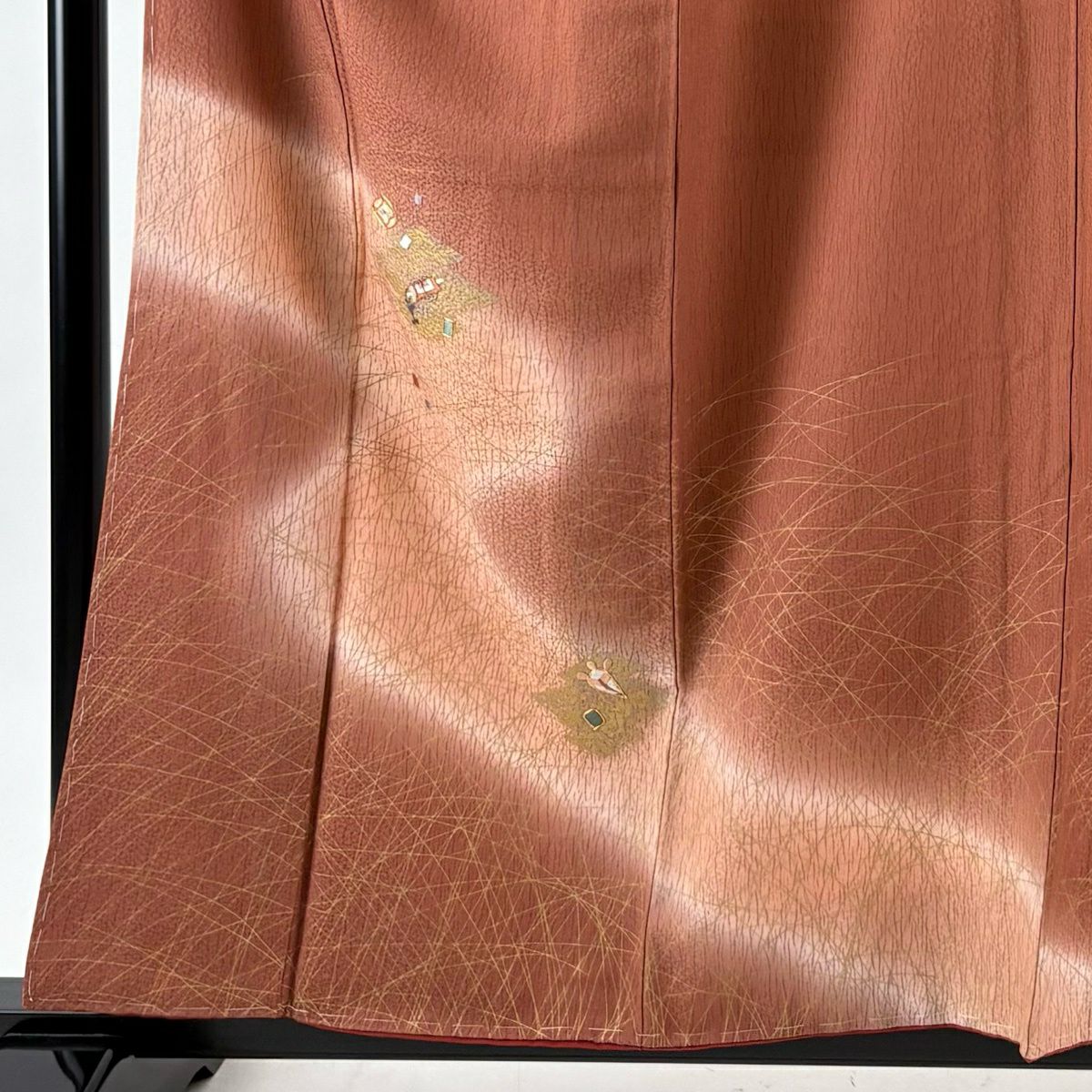 訪問服 身長158.5cm 袖長66cm M 雙層 松樹皮菱 巻物 金絲 金銀彩 紅茶 純蠶絲 優品級