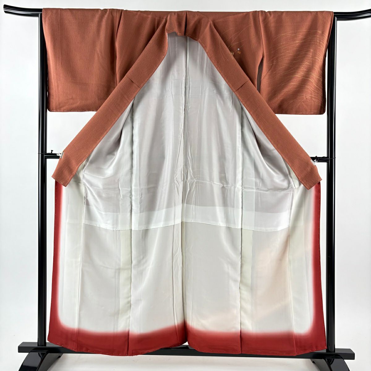 訪問服 身長158.5cm 袖長66cm M 雙層 松樹皮菱 巻物 金絲 金銀彩 紅茶 純蠶絲 優品級