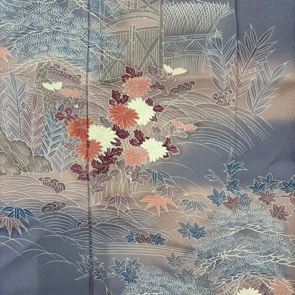 付下 身長157cm 袖長62cm S 雙層 松樹竹子梅花 菊花 漸層 薄紫 純蠶絲 優品級
