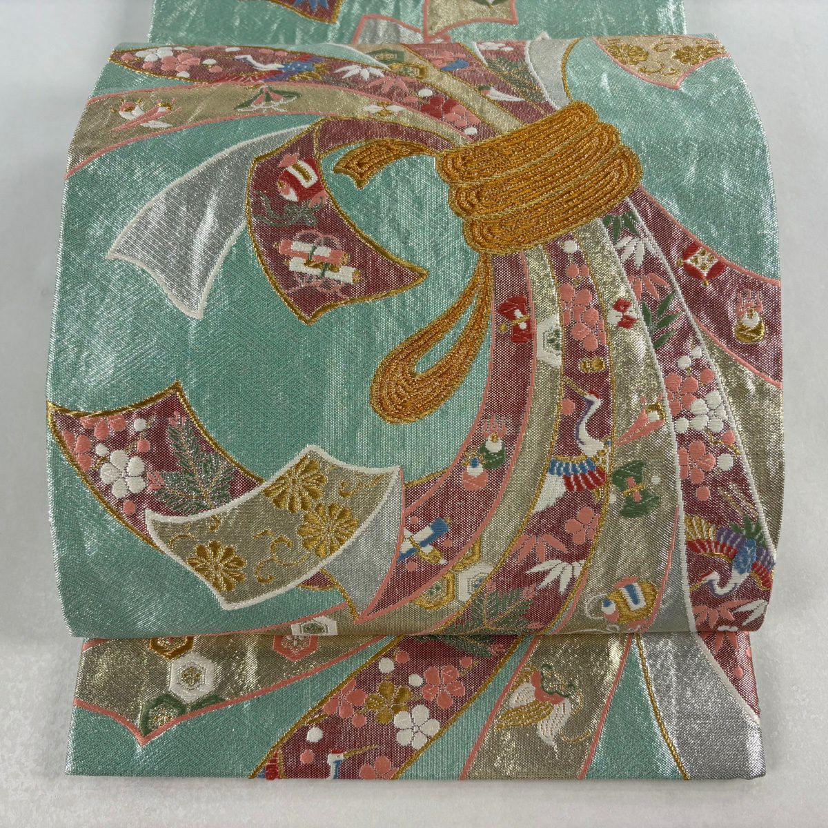 袋帶 秀品級 振袖禮服禮服用 束帶金糸 金金箔 灰綠 六通 純蠶絲