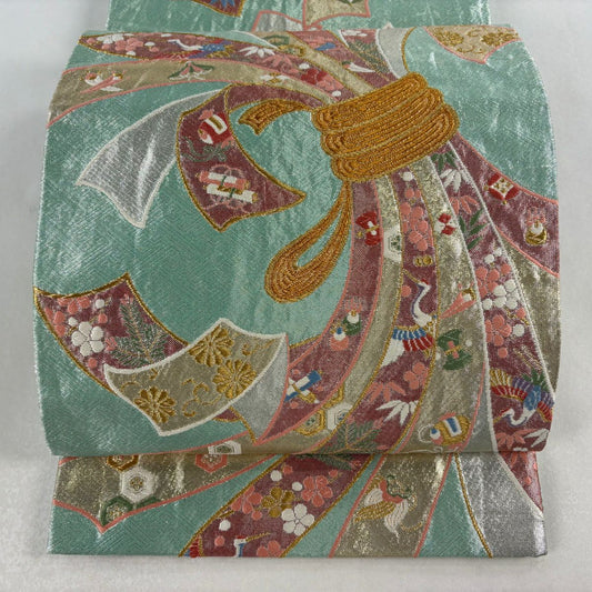 袋帶 秀品級 振袖禮服禮服用 束帶金糸 金金箔 灰綠 六通 純蠶絲