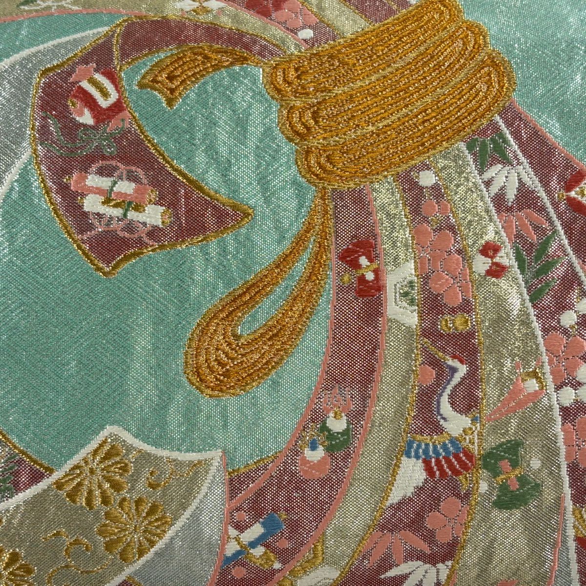 袋帶 秀品級 振袖禮服禮服用 束帶金糸 金金箔 灰綠 六通 純蠶絲