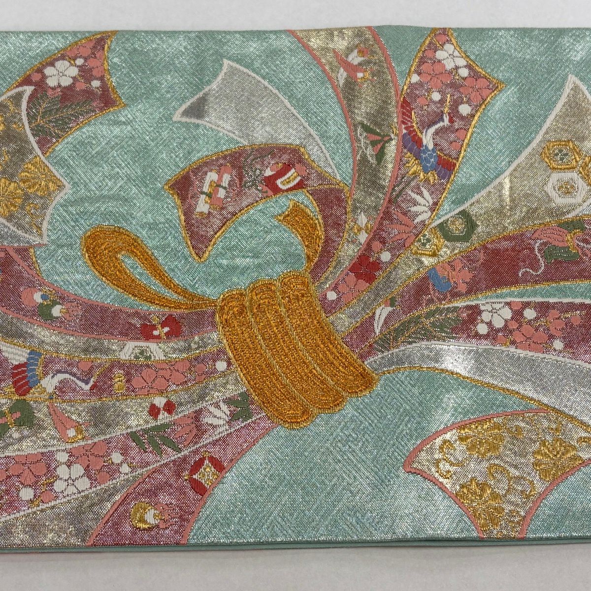 袋帶 秀品級 振袖禮服禮服用 束帶金糸 金金箔 灰綠 六通 純蠶絲