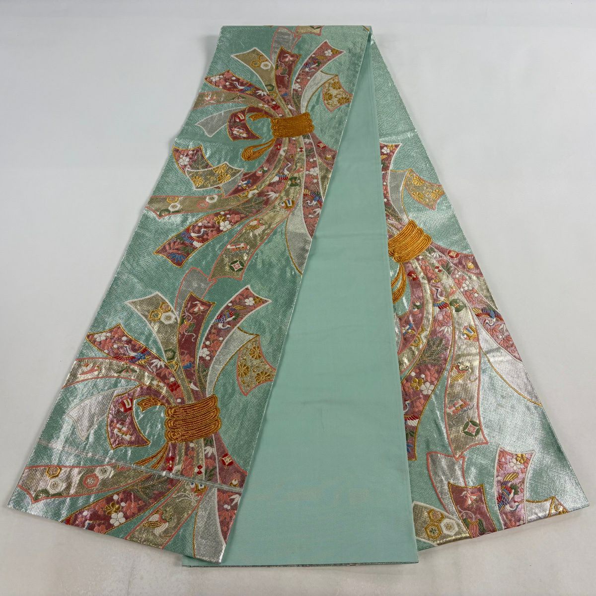 袋帶 秀品級 振袖禮服禮服用 束帶金糸 金金箔 灰綠 六通 純蠶絲