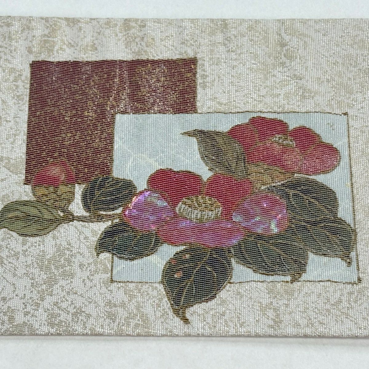 名古屋帶 秀品級 椿 色紙 金金箔 金銀彩 灰白 純蠶絲