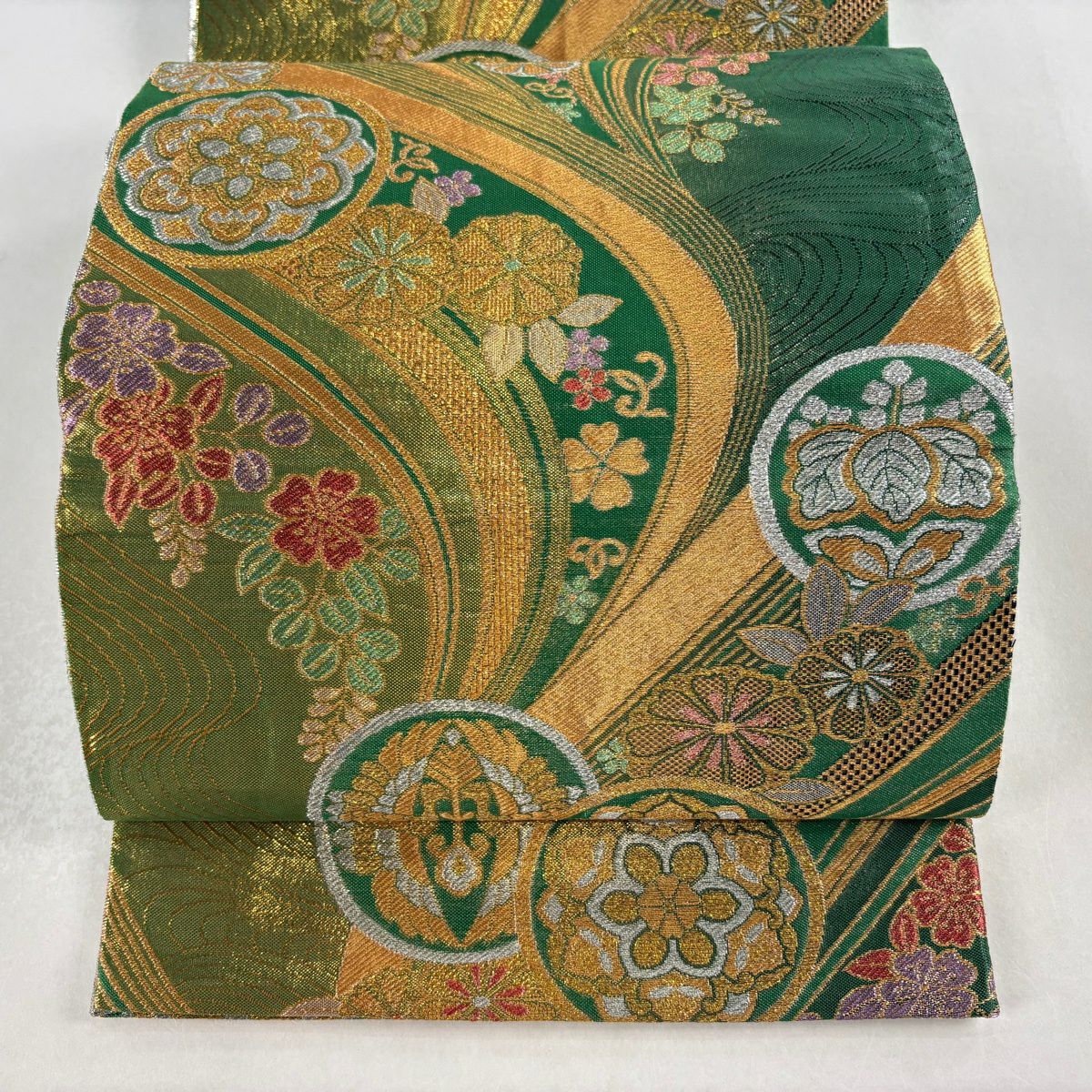 袋帶 秀品級 振袖禮服禮服用 華紋 向鳥 金銀絲 金金箔 綠 全通 純蠶絲